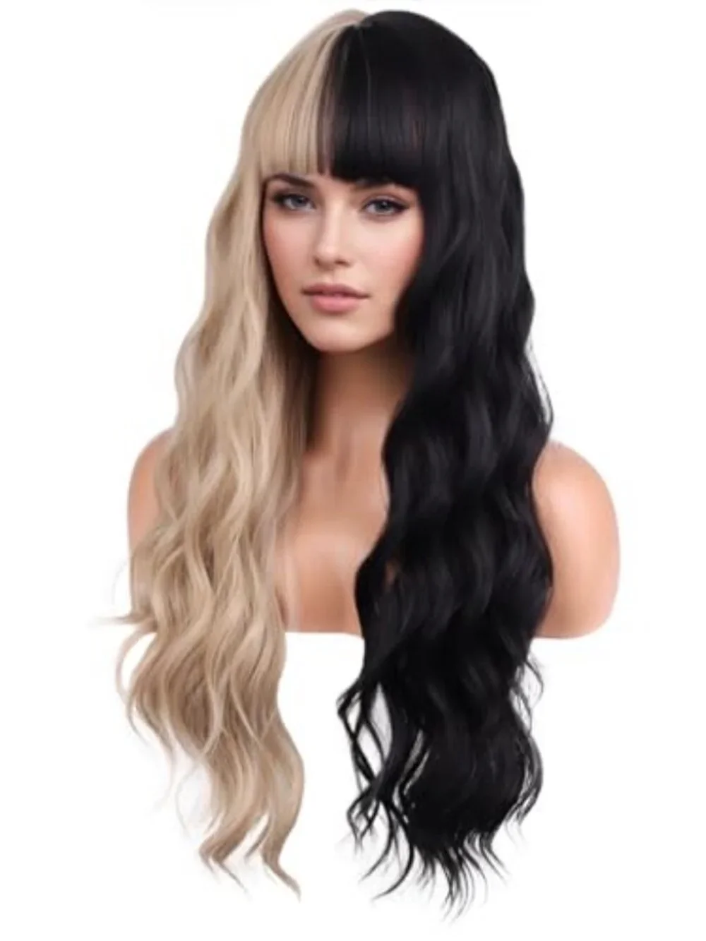 Black and Blonde Long Wavy Curly Wig with Bangs for Women